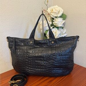 Croc-Embossed Black Leather Tote with Detachable Strap